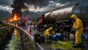 Transporte de materiales peligrosos por carretera con derrame químico y protocolos de emergencia en autopista industrial