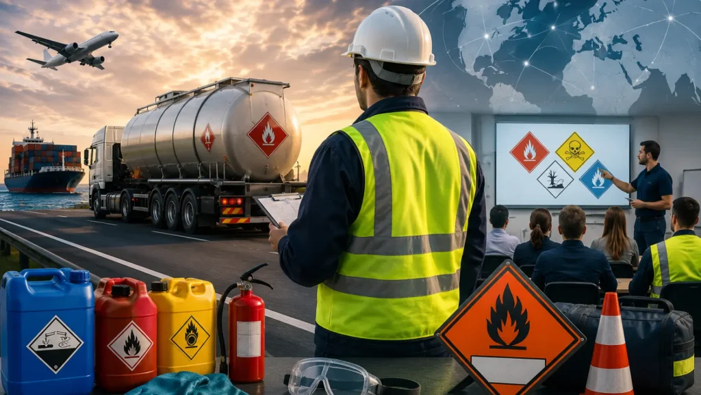 Cursos de transporte de mercancías peligrosas para personal de logística, transporte terrestre, marítimo y aéreo con enfoque en seguridad y cumplimiento normativo.