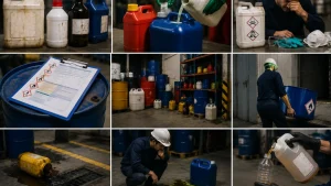 Ejemplos visuales de prácticas inseguras y errores frecuentes relacionados con el manejo de materiales peligrosos en instalaciones industriales.