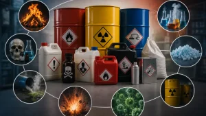 Contenedores y sustancias con diferentes niveles de riesgo utilizados para ilustrar el manejo de materiales peligrosos en la industria.
