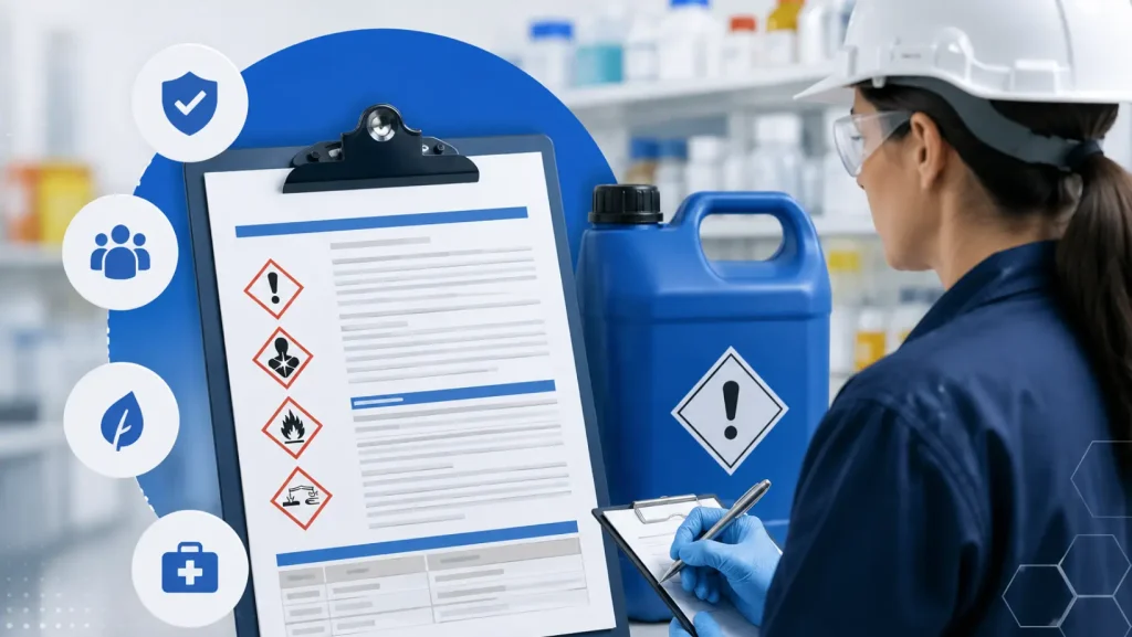 Hoja de seguridad para productos químicos con pictogramas de peligro