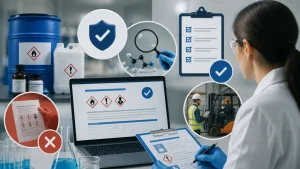 Especialista revisando una hoja de seguridad para verificar la correcta clasificación de peligros y el cumplimiento de la normativa química.