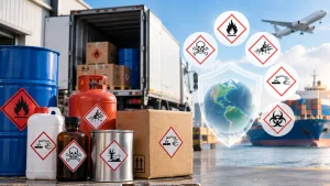 Mercancía peligrosa identificada con símbolos de inflamabilidad, toxicidad y corrosividad